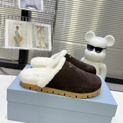 PRADA 25S FUR-LINED MULES IN DARK BROWN SUEDE