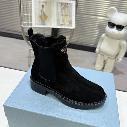 PRADA 25S RETRO PLATFORM MARTIN BOOTS IN BLACK SUEDE