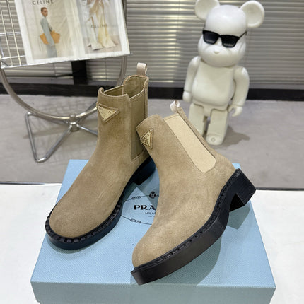 PRADA 25S RETRO PLATFORM MARTIN BOOTS IN BEIGE SUEDE