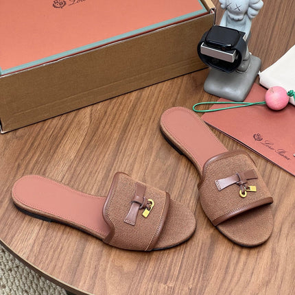 LP 26S SLIDES IN LIGHT BROWN CANVAS AND CALFSKIN