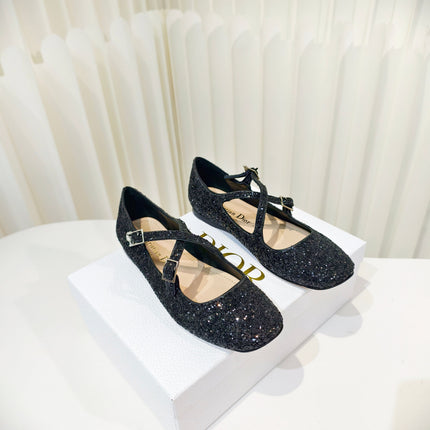 DIOR 26S MARY JANE FLATS IN BLACK SEQUIN EMBROIDERED FABRIC