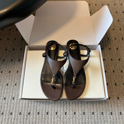 YSL 26S WIDE-STRAP THONG SANDALS IN CHOCOLATE BROWN CALFSKIN