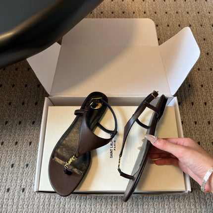 YSL 26S WIDE-STRAP THONG SANDALS IN CHOCOLATE BROWN CALFSKIN