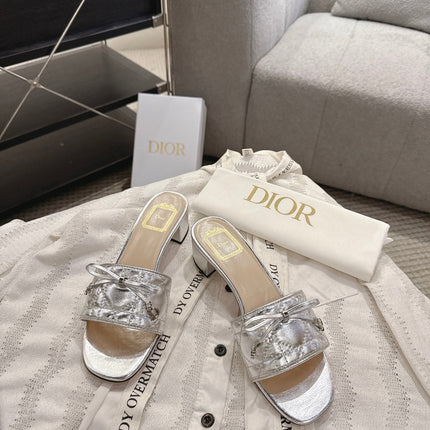 DIOR 26S HEELED MULES 45 MM IN SILVER QUILTED CALFSKIN SILVER HARDWARE