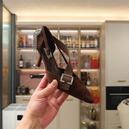 PRADA 26S POINTED-TOE HIGH-HEELED 70MM IN DARK BROWN SUEDE