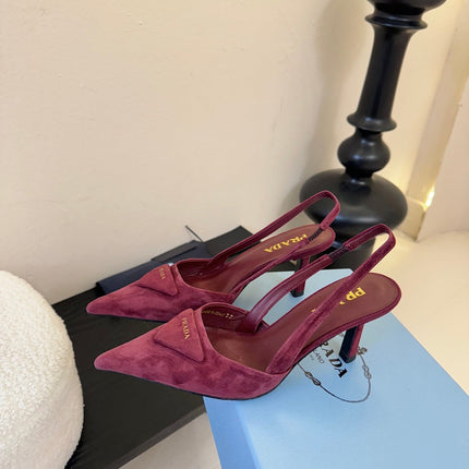 PRADA 26S POINTED TOE SLINGBACK HEELS 60MM IN DARK RED SUDE WITH LOGO