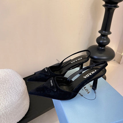 PRADA 26S POINTED TOE SLINGBACK HEELS 60MM IN BLACK SUDE WITH LOGO