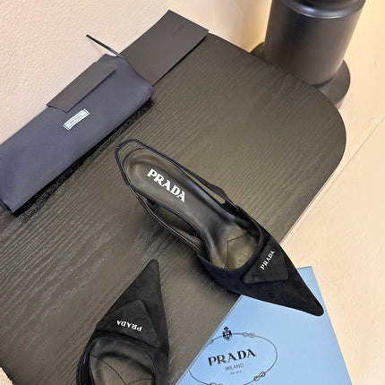 PRADA 26S POINTED TOE SLINGBACK HEELS 60MM IN BLACK SUDE WITH LOGO