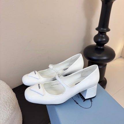 PRADA 26S BLOCK-HEEL MARY JANE IN WHITE PATENT CALFSKIN