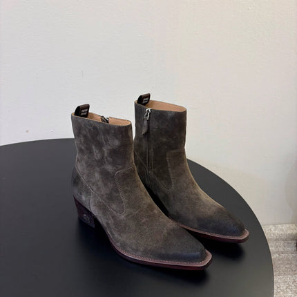 MIUMIU 26S WESTERN ANKLE BOOTS IN DARK GREY SUEDE