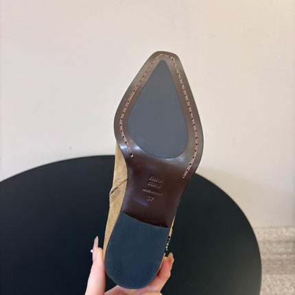 MIUMIU 26S WESTERN ANKLE BOOTS IN SAND BEIGE SUEDE
