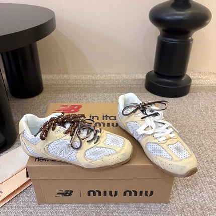 MIUMIU 26S PERFORATED SNEAKERS IN WHITE AND BEIGE YELLOW CALFSKIN