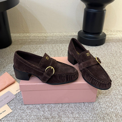 MIUMIU 26S HEEL LOAFERS 50 MM IN DARK BROWN SUEDE