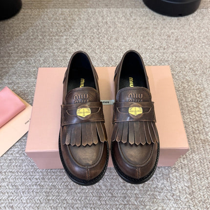 MIUMIU 26S FRINGE PENNY LOAFERS IN DARK BROWN CALFSKIN