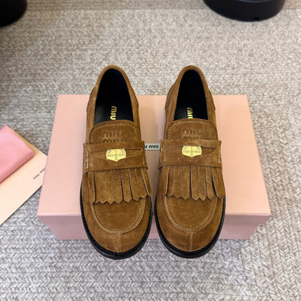 MIUMIU 26S FRINGE PENNY LOAFERS IN CAMEL BROWN SUEDE