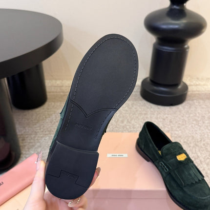 MIUMIU 26S FRINGE PENNY LOAFERS IN DARK GREEN SUEDE
