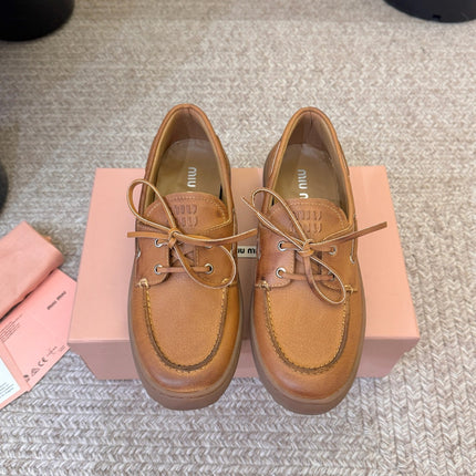 MIUMIU 26S LACE-UP LOAFERS IN COGNAC BROWN CALFSKIN RUBBER SOLE