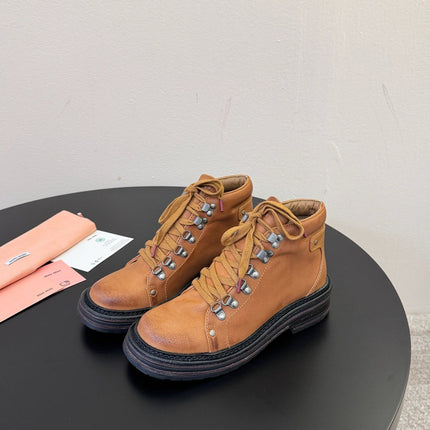 MIUMIU 26S ANKLE MOUNTAIN BOOTS IN CAMEL BROWN CALFSKIN