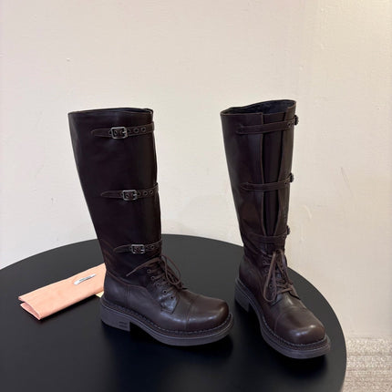 MIUMIU 26S LACE-UP KNEE-HIGH BOOTS IN DARK BROWN CALFSKIN