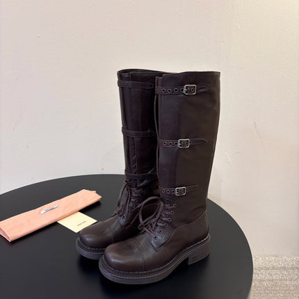 MIUMIU 26S LACE-UP KNEE-HIGH BOOTS IN DARK BROWN CALFSKIN