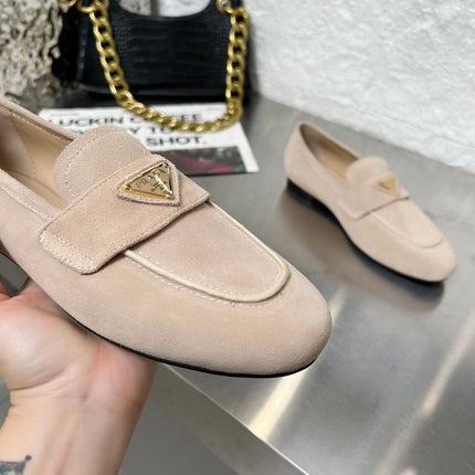 PRADA 26S CLASSIC LOAFERS IN NUDE BEIGE LOGO SUEDE