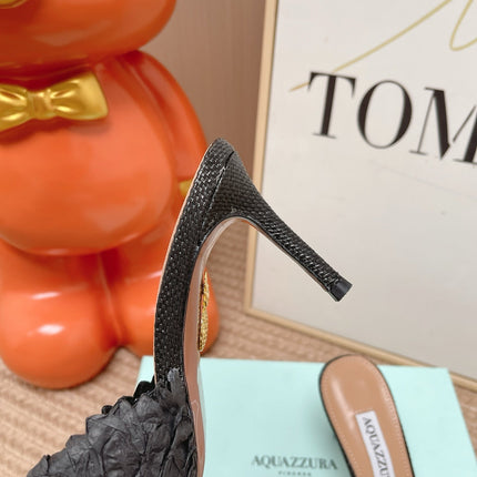AQUAZZURA 26S HEELED MULES 80 MM IN BLACK WOVEN RAFFIA