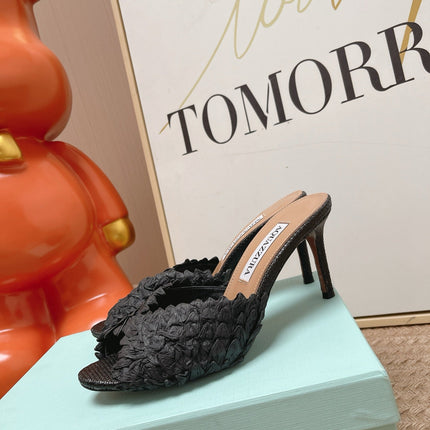 AQUAZZURA 26S HEELED MULES 80 MM IN BLACK WOVEN RAFFIA