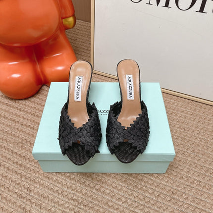 AQUAZZURA 26S HEELED MULES 80 MM IN BLACK WOVEN RAFFIA