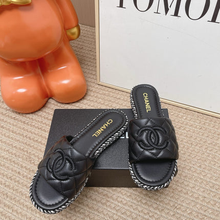 CHANEL 26S WEDGE SANDALS IN BLACK LAMBSKIN