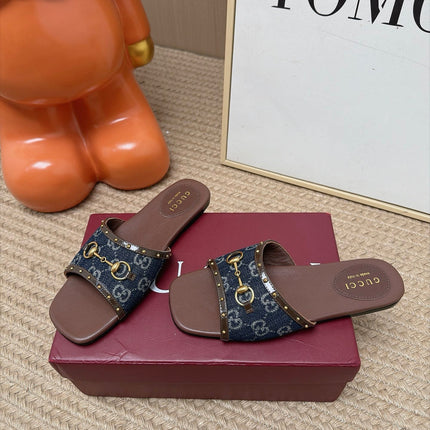 GUCCI 26S SLIDE SANDAL IN DARK BLUE DENIM AND BROWN LEATHER