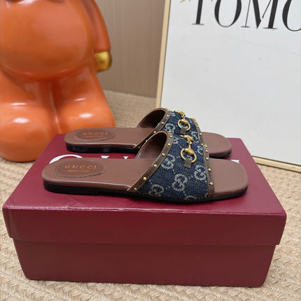 GUCCI 26S SLIDE SANDAL IN DARK BLUE DENIM AND BROWN LEATHER