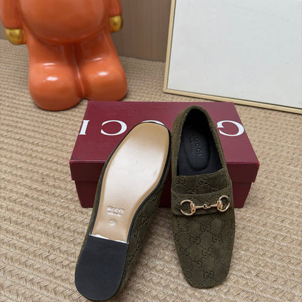 GUCCI 26S LOAFERS IN OLIVE GREEN GG EMBOSSED SUEDE