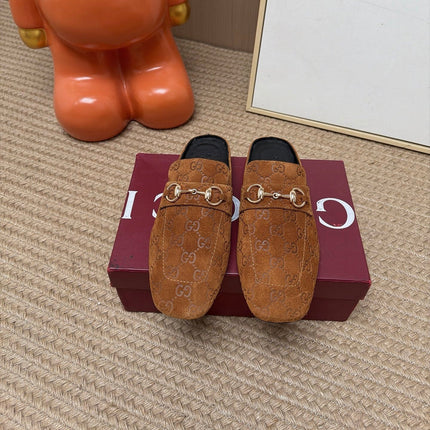 GUCCI 26S FLAT MULES IN BROWN GG EMBOSSED SUEDE