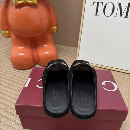 GUCCI 26S FLAT MULES IN BLACK GG EMBOSSED SUEDE