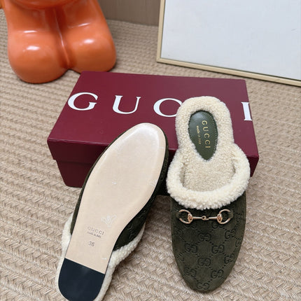GUCCI 26S SHEARLING-LINED MULES IN OLIVE GREEN SUEDE