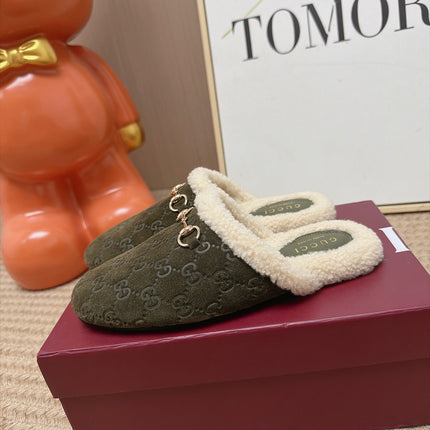 GUCCI 26S SHEARLING-LINED MULES IN OLIVE GREEN SUEDE