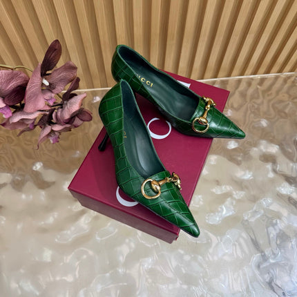 GUCCI 26S HIGH HEELS 65 MM IN DARK GREEN CROC EMBOSSED LEATHER