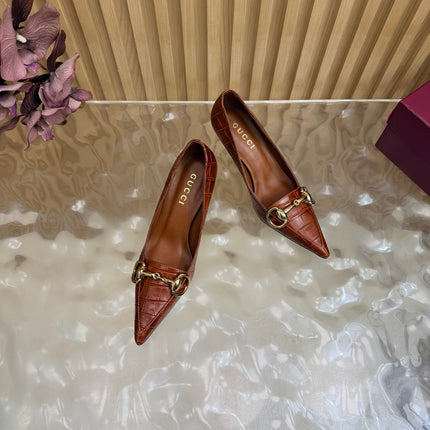 GUCCI 26S HIGH HEELS 65 MM IN COGNAC BROWN CROC EMBOSSED LEATHER