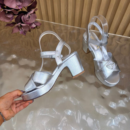 PRADA 26S BLOCK HEEL SANDALS 75 MM IN SILVER CALFSKIN