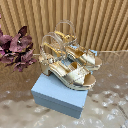 PRADA 26S BLOCK HEEL SANDALS 75 MM IN LIGHT GOLD CALFSKIN 