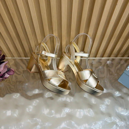 PRADA 26S BLOCK HEEL SANDALS 75 MM IN LIGHT GOLD CALFSKIN 