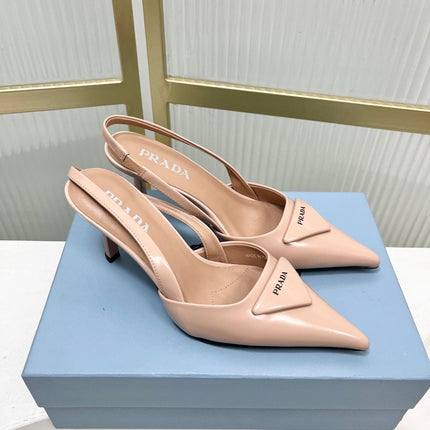 PRADA 26S SLINGBACK HIGH HEEL SANDALS 75MM IN NUDE CALFSKIN WITH LOGO