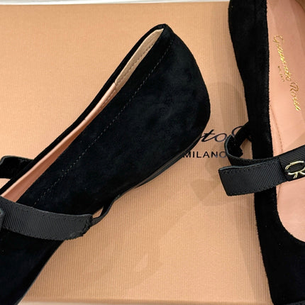 GIANVITO ROSSI 26S MARY JANE FLATS IN BLACK SUEDE AND FABRIC