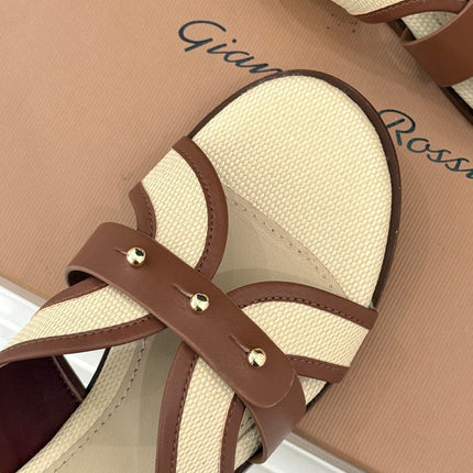 GIANVITO ROSSI 26S STUDDED FLAT SANDALS IN BEIGE CANVAS AND BROWN CALFSKIN