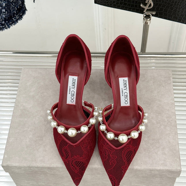 JIMMY CHOO 26S HIGH HEELS 65 MM IN DARK RED LACE PEARL-EMBELLISHED