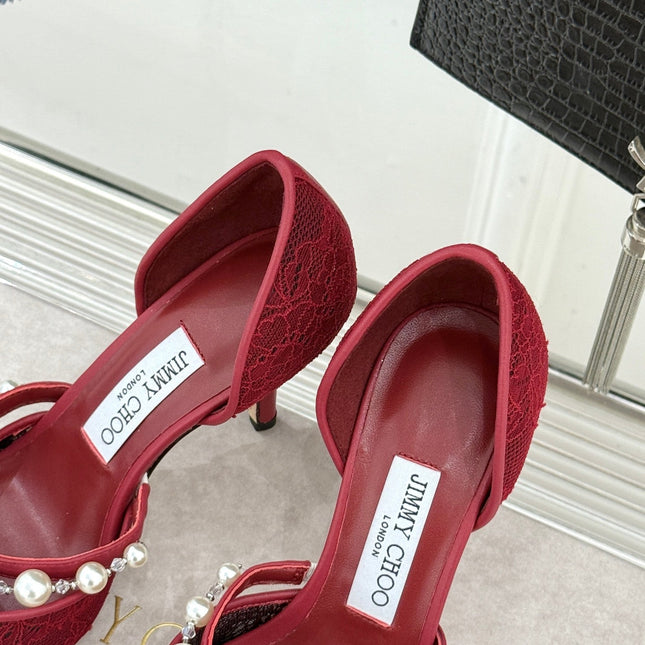 JIMMY CHOO 26S HIGH HEELS 85 MM IN DARK RED LACE PEARL-EMBELLISHED