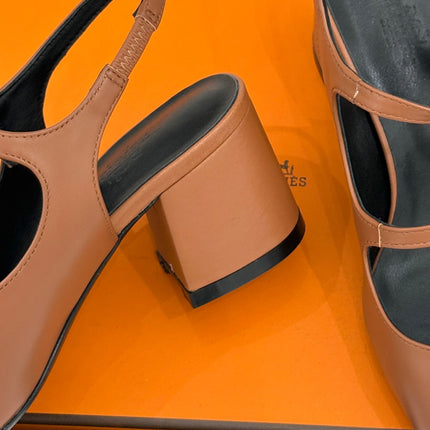 HM 26S SLINGBACK HIGH HEELS IN BROWN CALFSKIN