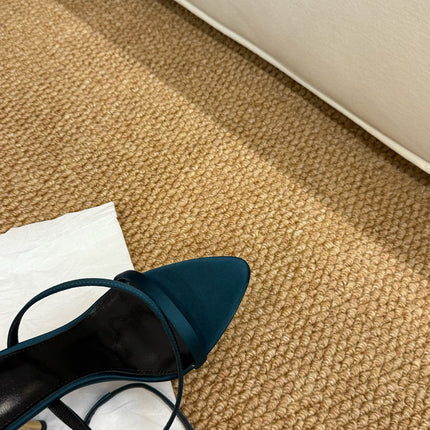 YSL HIGH HEEL SANDALS 25S IN DEEP SEA BLUE SATIN AND LAMBSKIN
