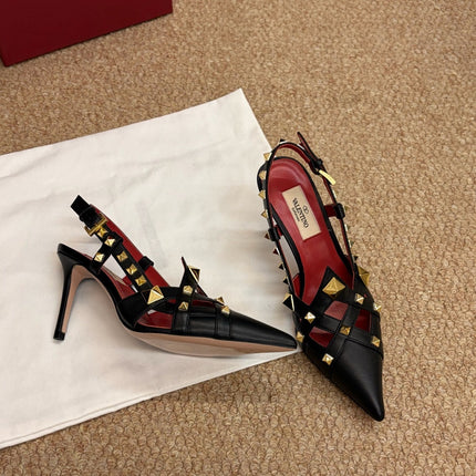 VALENTINO 26S ROCKSTUD SLINGBACK HEELS IN BLACK CALFSKIN