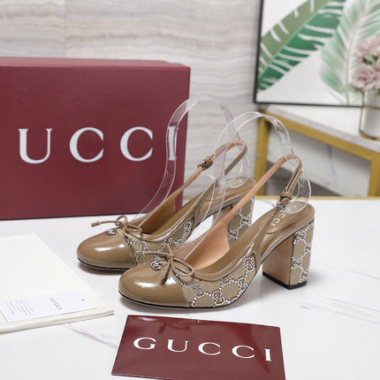 GUCCI 26S HEEL SLINGBACK PUMP 80 MM IN BEIGE CALFSKIN AND CANVAS